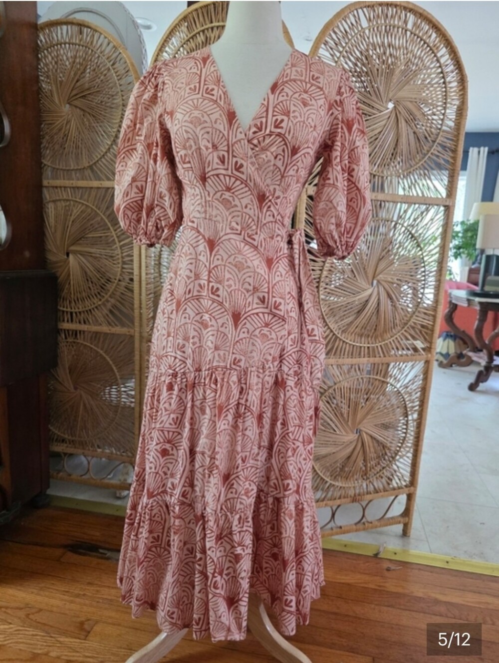 Anthropologie HUTCH Cotton V-Neck Tiered Wrap Dress Geometric Block Size XS